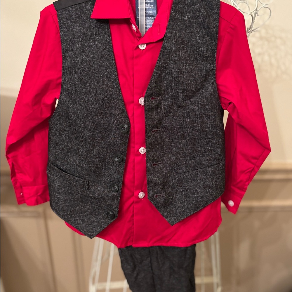 Boys Red Shirt with Gray Vest and Pants Set